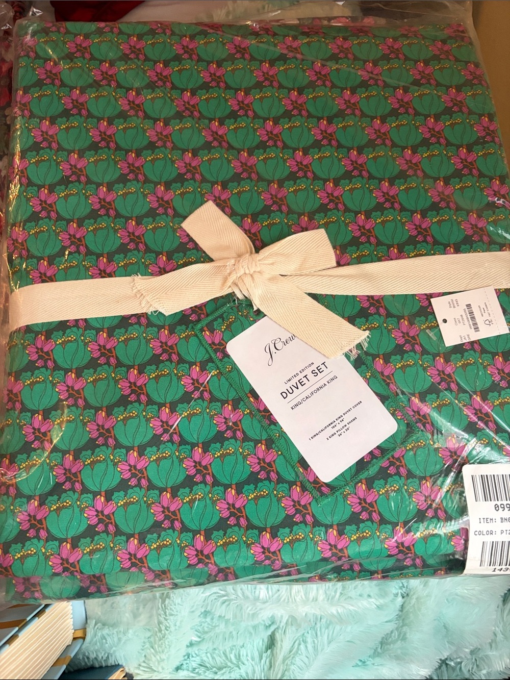 J. Crew Green Floral Duvet Set with Pink Accents